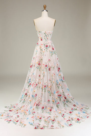A-Line Sweetheart Long Corset Ball Dress With Flower